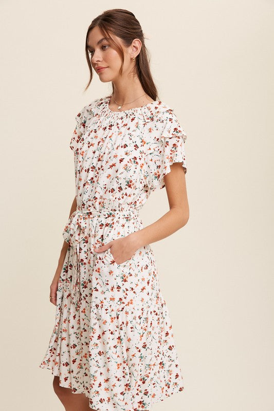 Floral Printed Ruffle Sleeve Waist Tie Midi Dress