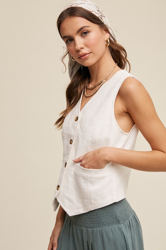 Fitted Linen Vest with Pockets