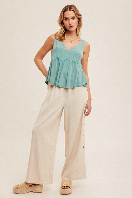 Button Detail Side Tassel Wide Leg Pants