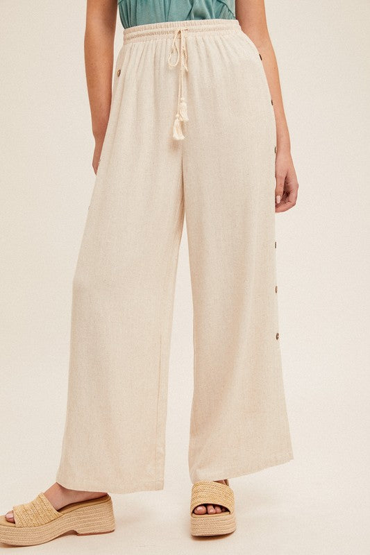 Button Detail Side Tassel Wide Leg Pants