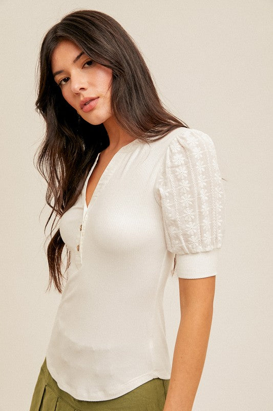 Eyelet Puff Henley Top