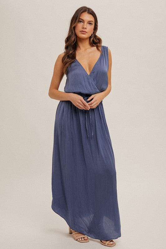 Surplice Neck Washed Satin Maxi Dress