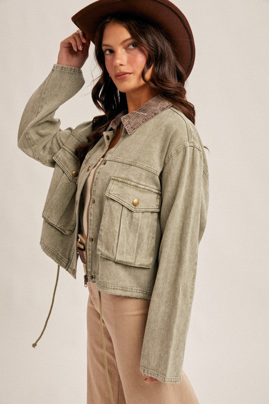 Corduroy Collar Contrast Twill Crop Jacket
