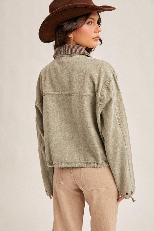 Corduroy Collar Contrast Twill Crop Jacket
