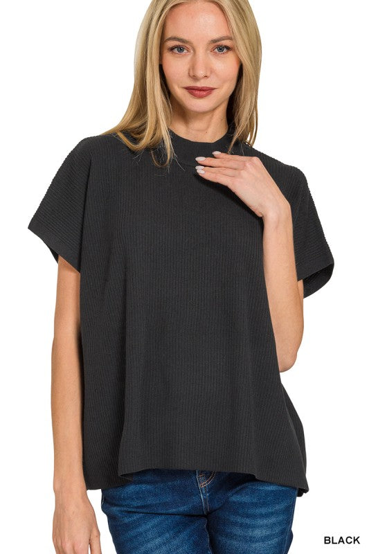 Viscose Mock Neck Short Sleeve Boxy Sweater