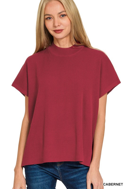 Viscose Mock Neck Short Sleeve Boxy Sweater
