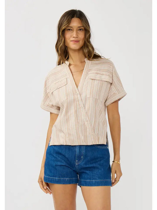 Button Front Surplice Collared Top