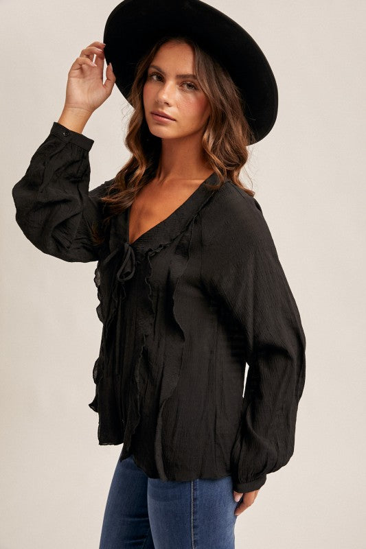 V-neck Ruffle Long Sleeve Blouse