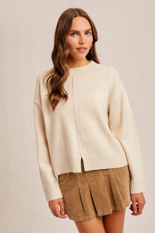 Front Bottom Slit Crew Neck Sweater Top