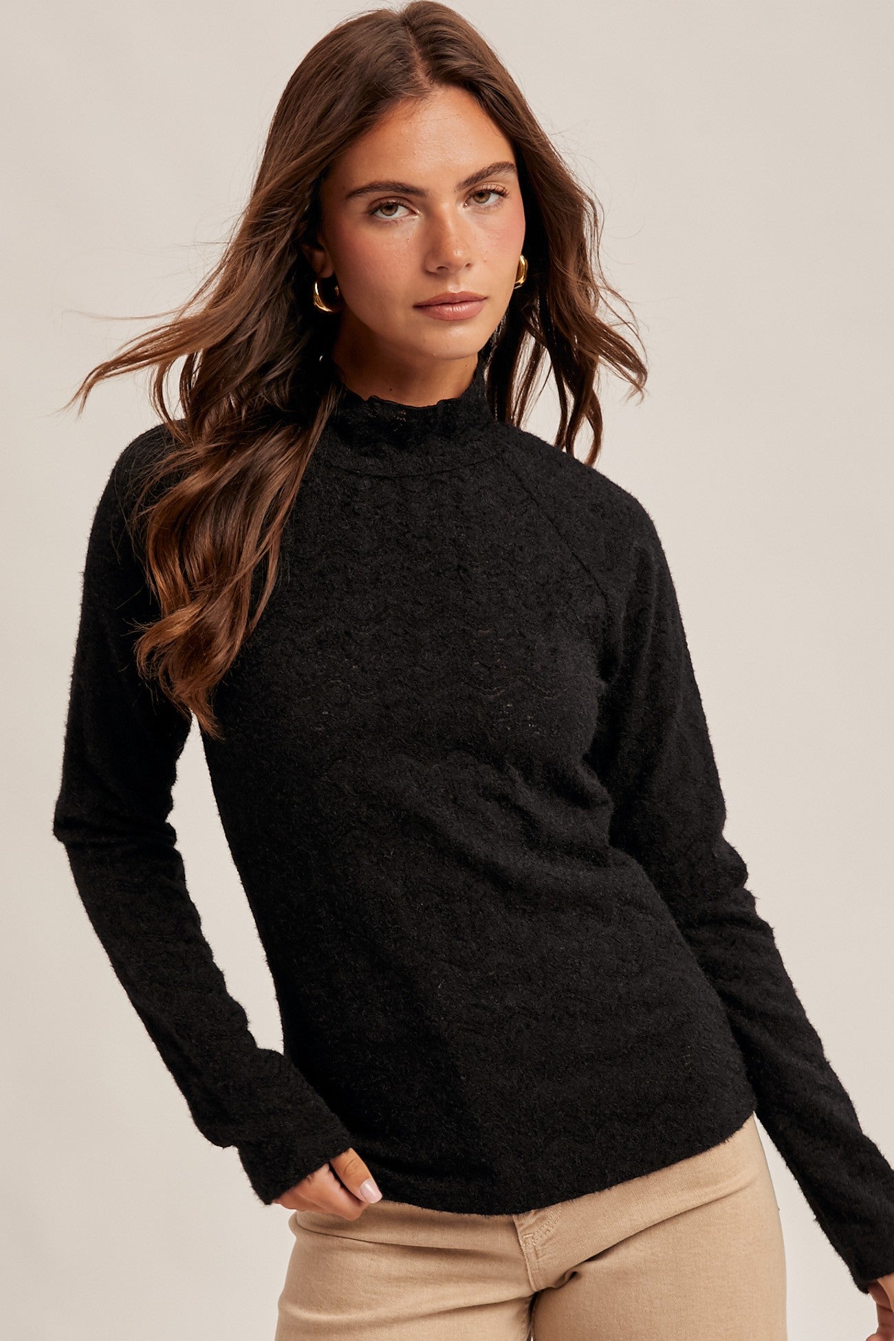 Mock Neck Long Sleeve Brushed Lace Top