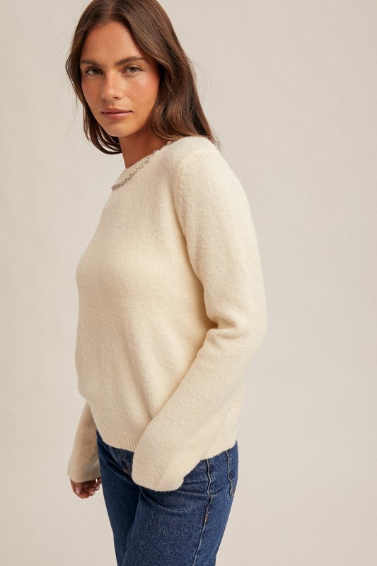 Jewel Neck Detail Keyhole Back Sweater Pullover