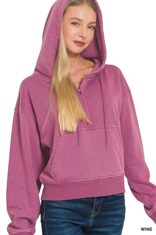 Fleece Pigment Dye Half Zip Kangaroo Pocket Hoodie