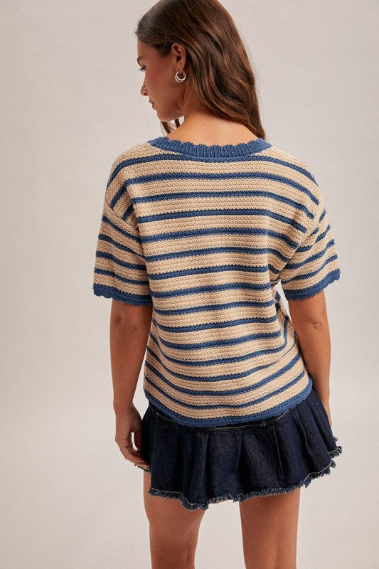 Floral Embroidered Striped Sweater Top