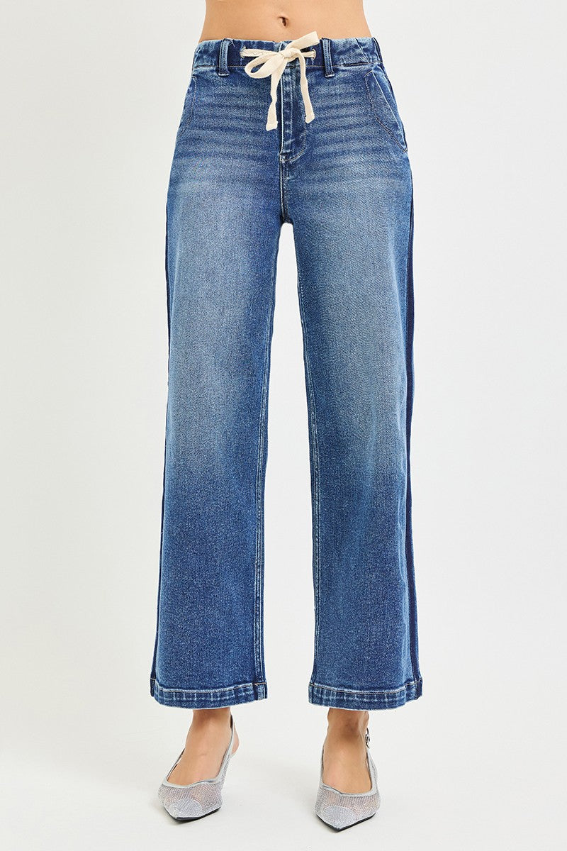 Elastic Band High Rise Cropped Wide Jeans