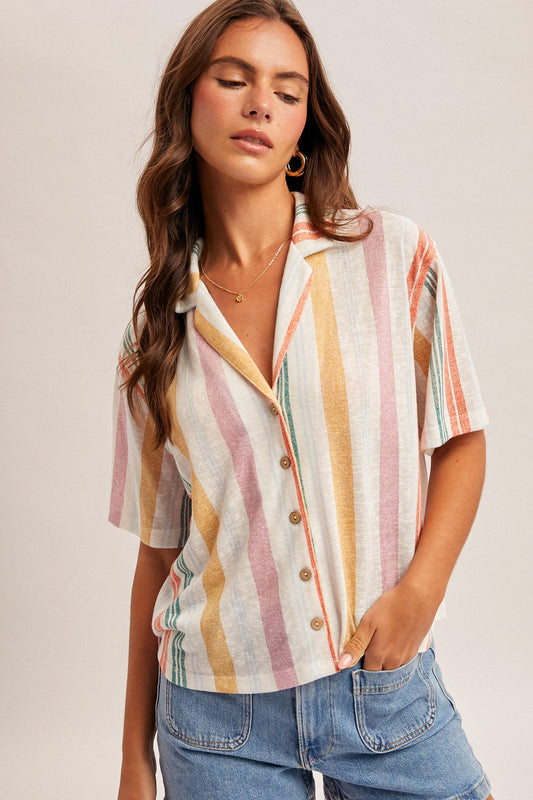 Multi Color Button Down V Neck Knit Shirt Top