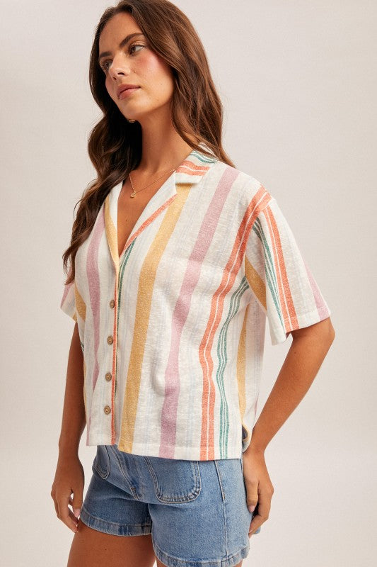 Multi Color Button Down V Neck Knit Shirt Top