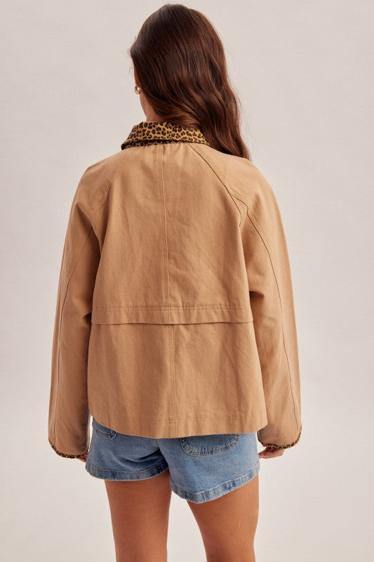 Animal Print Contrast Twill Jacket With Pockets