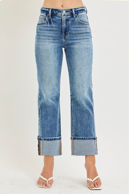 High Rise Straight Cuffed Hem Jeans