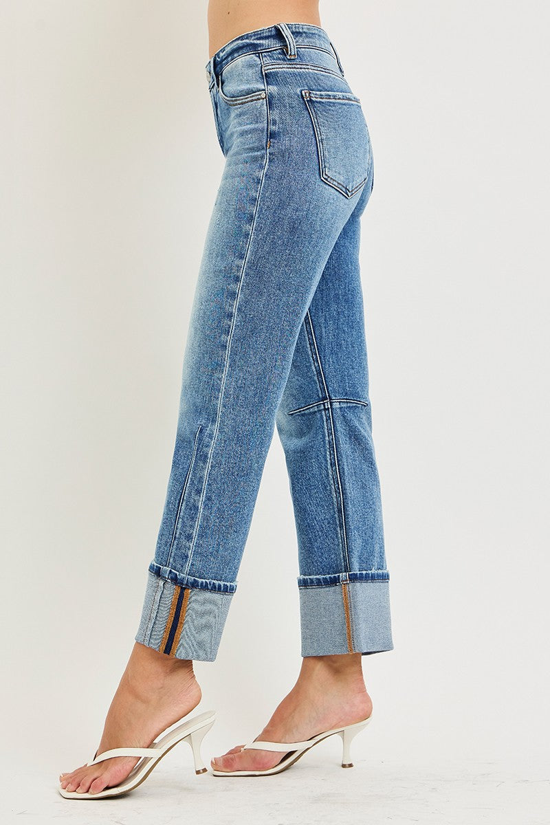 High Rise Straight Cuffed Hem Jeans