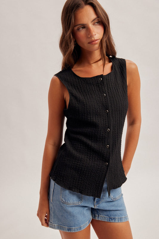 Crinkle Textured Button Down Sleeveless Top