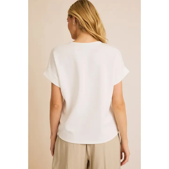 Notch Neck Roll Up Short Sleeve S/S Knit Top