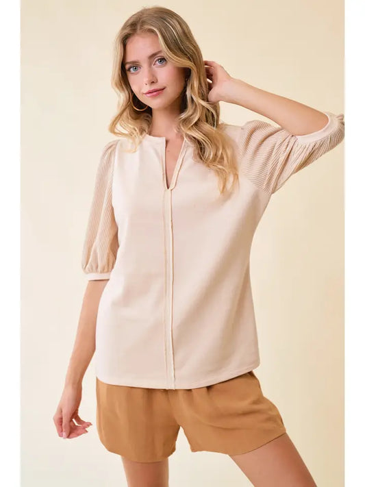 Ribbed Knit Puff Sleeve Top