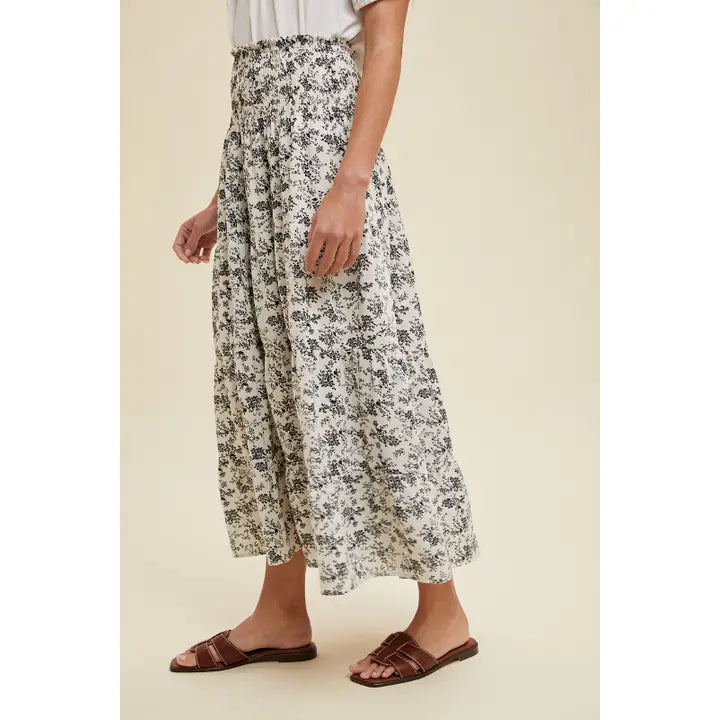 Tiered Floral Midi Skirt with Front Slit