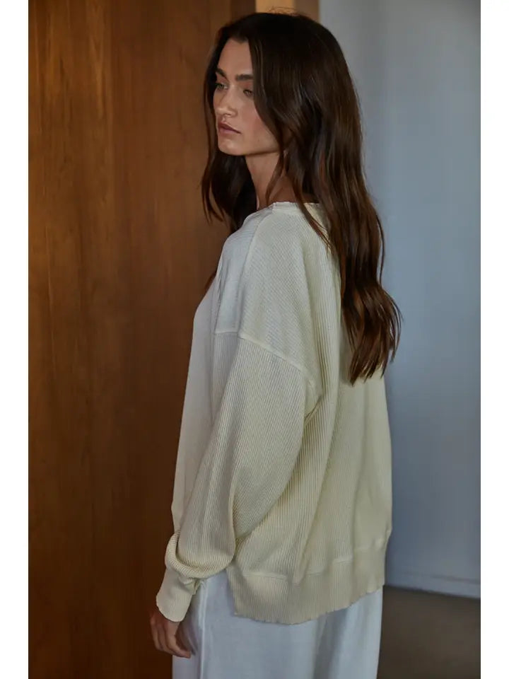 Knit Drop Shoulder Long Sleeve Top with Side Slits