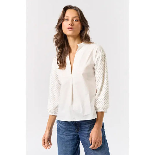 V Notch Neck 3/4 Mesh Knit Sleeve Top