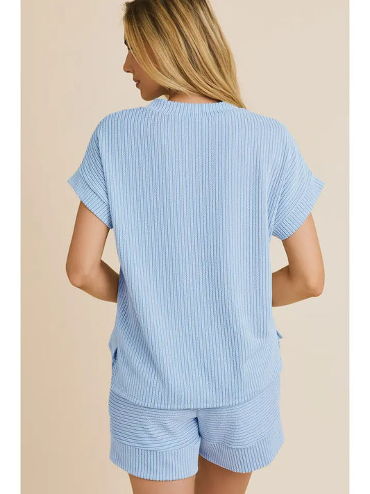 V Neck Roll Up Short Sleeve Sand Washed Model Top & Shorts