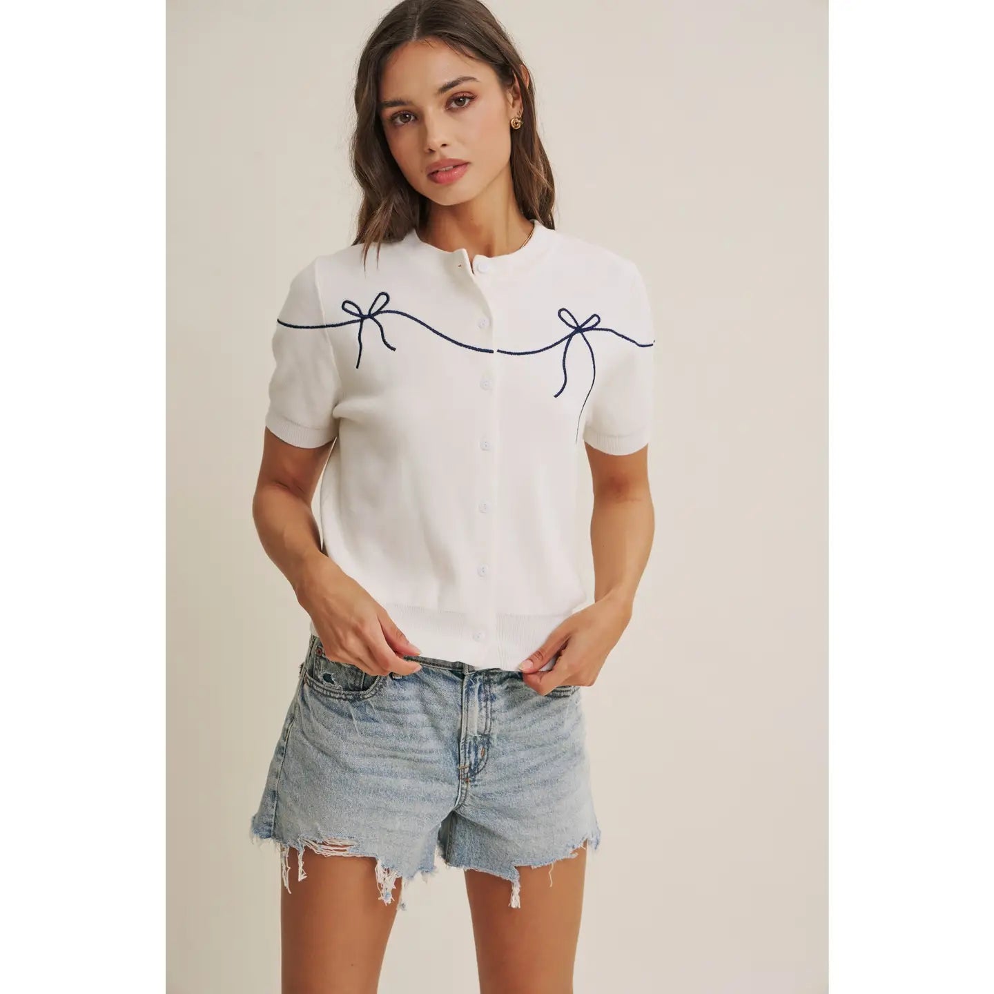 French Morning Bow Embroidered Button-Down Cotton Cardigan