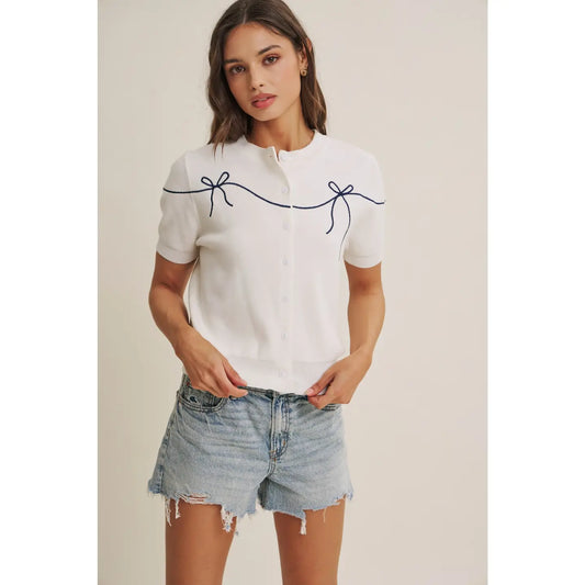 French Morning Bow Embroidered Button-Down Cotton Cardigan