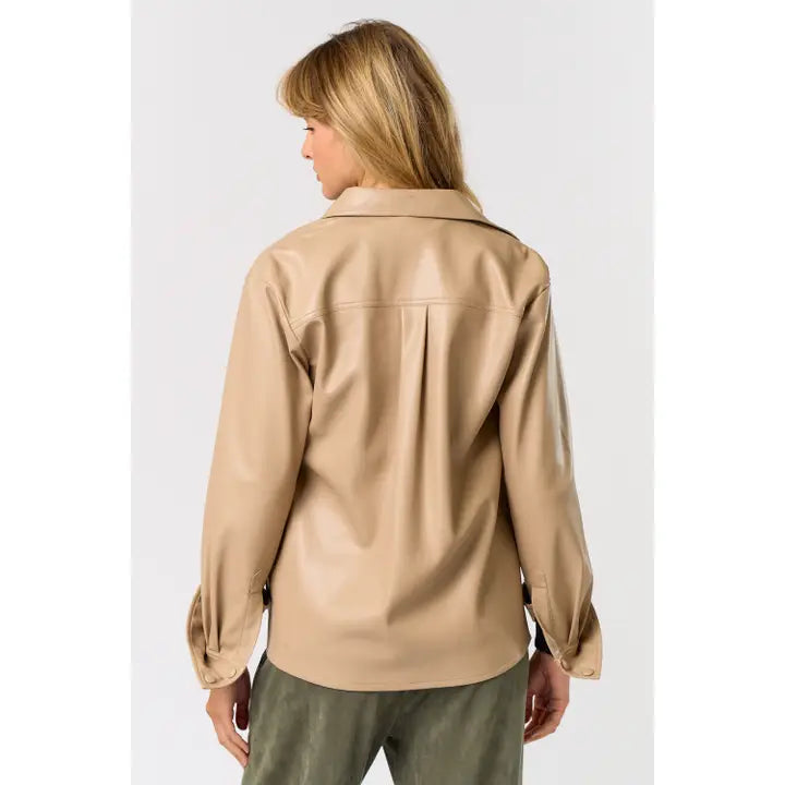 Leather Collared Long Sleeve Shirt Jacket