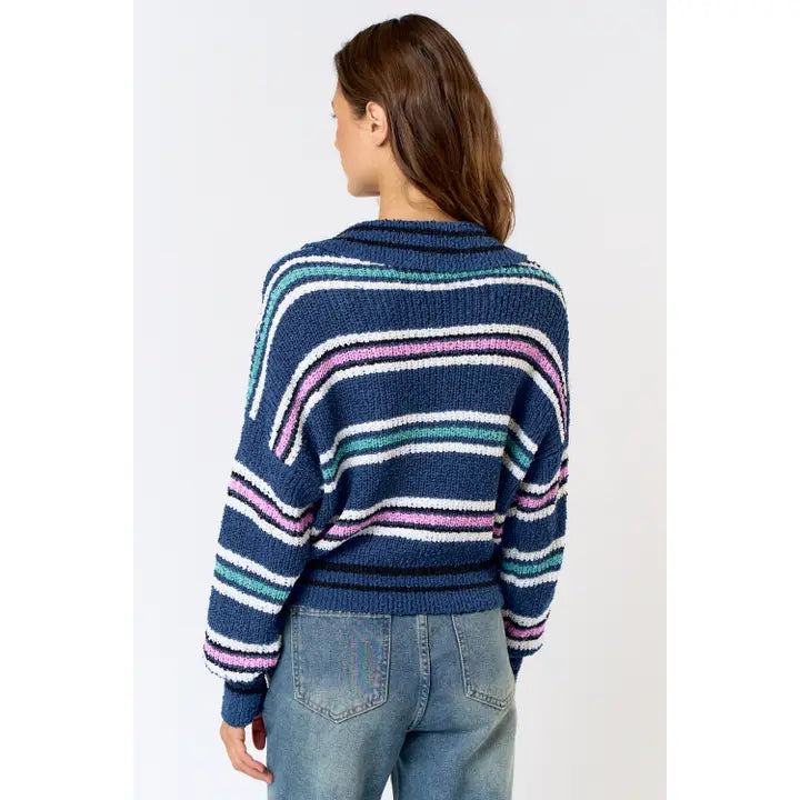 Multi Stripe Collared V-Neck Fuzzy Sweater