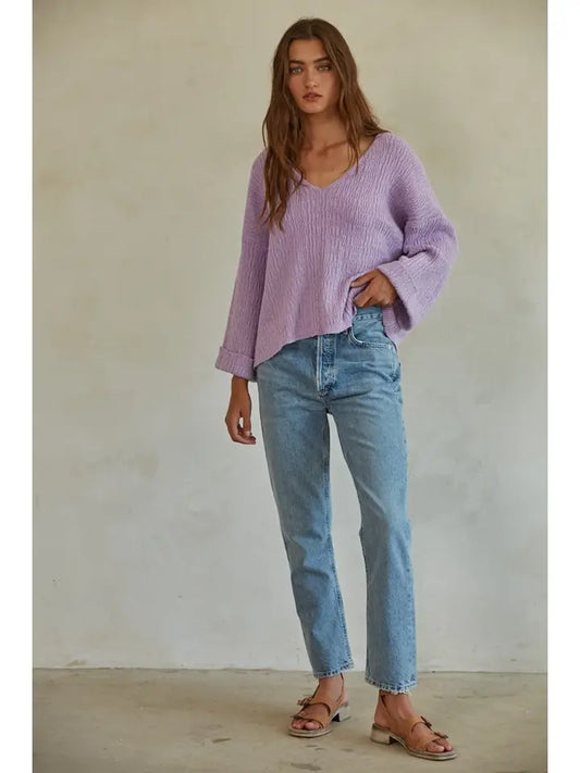 Knit Sweater Acrylic Nylon Cotton V-Neck Pullover