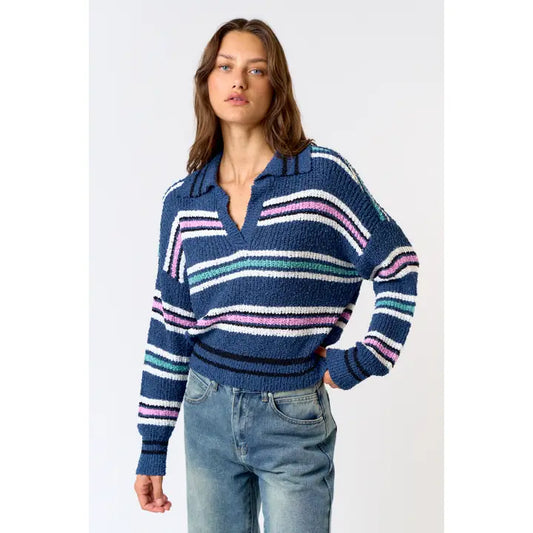 Multi Stripe Collared V-Neck Fuzzy Sweater