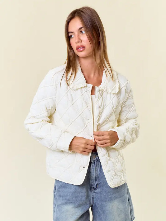 Over-Sized Collar Quilted Button-Down Jacket