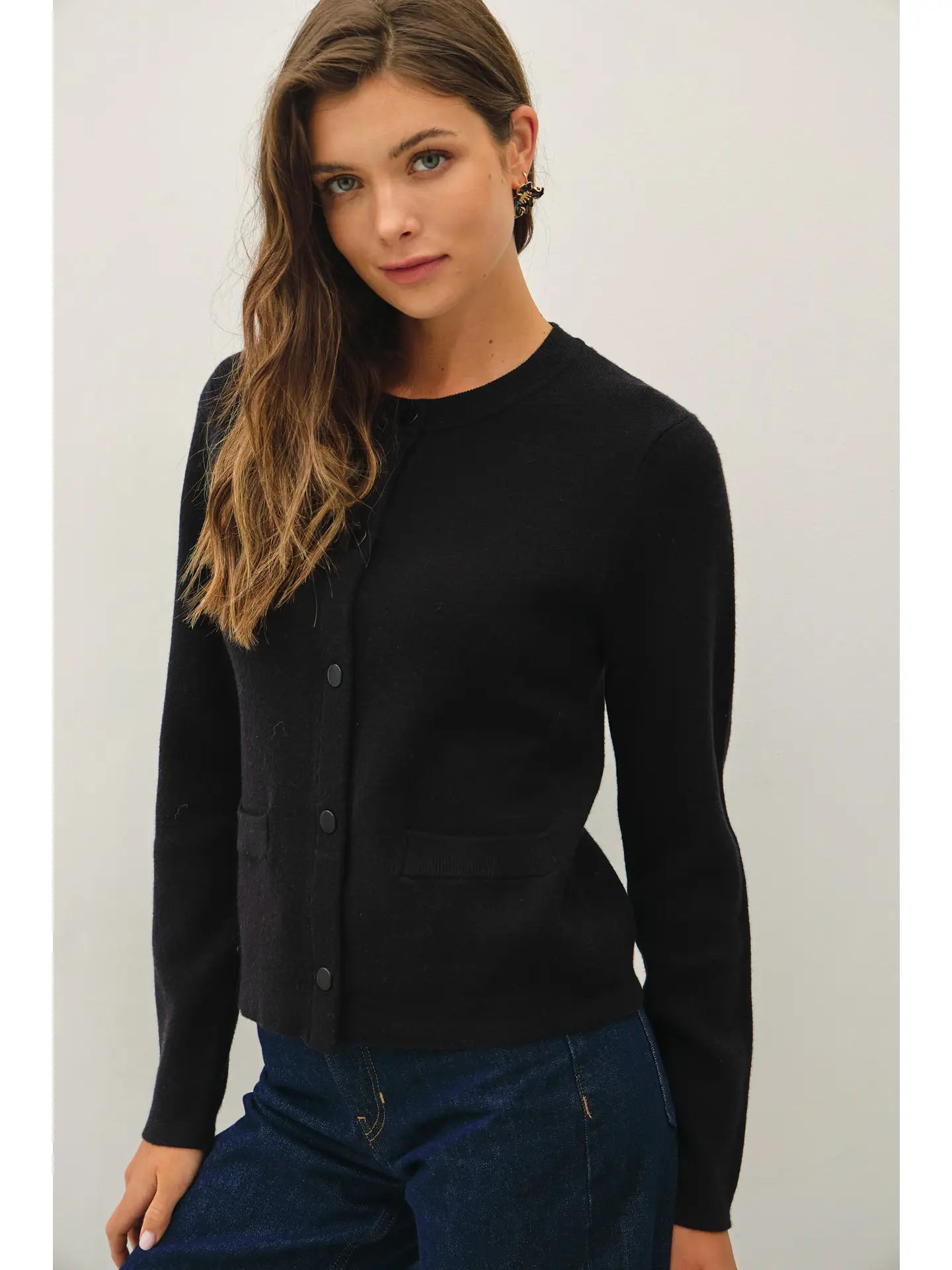 Classic Crewneck Snap Button Closure Cardigan