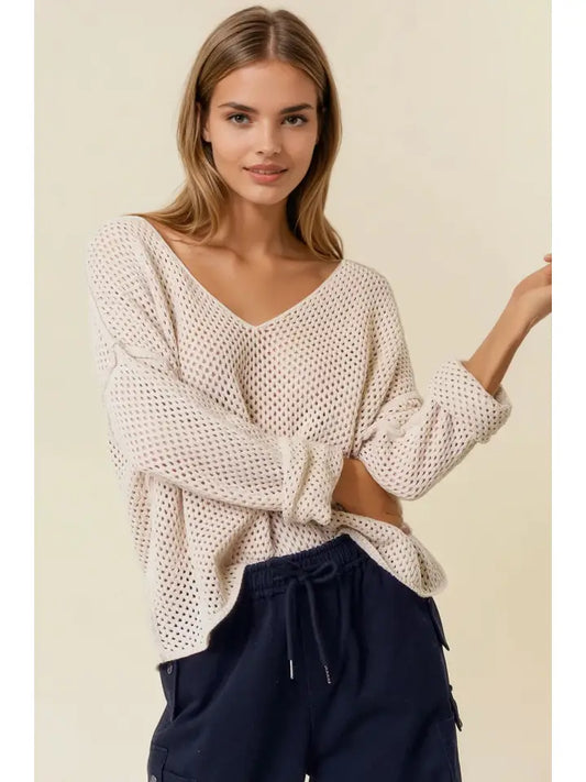 V-Neck Long Sleeve Fishnet Sweater Knit Top