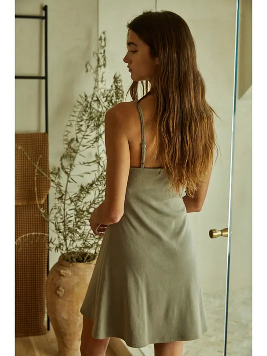Ribbed V-Neck Spaghetti Strap Flare Mini Dress