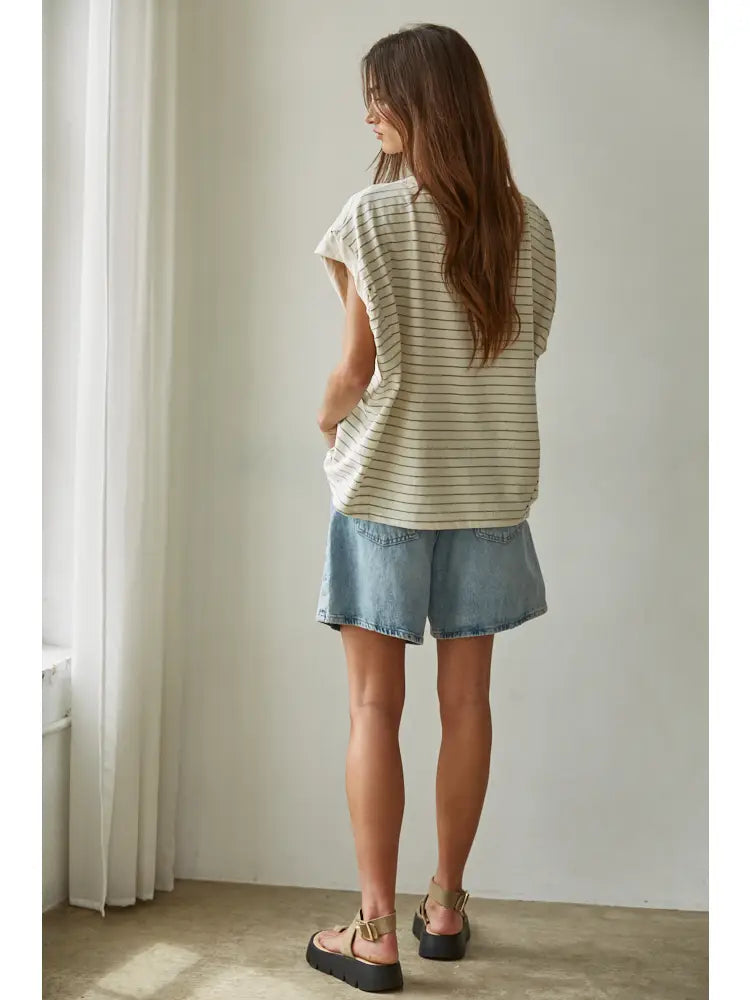 Knit Striped Jersey Round Neck Short Sleeve Top
