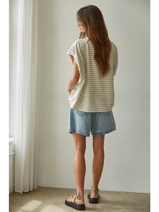 Knit Striped Jersey Round Neck Short Sleeve Top