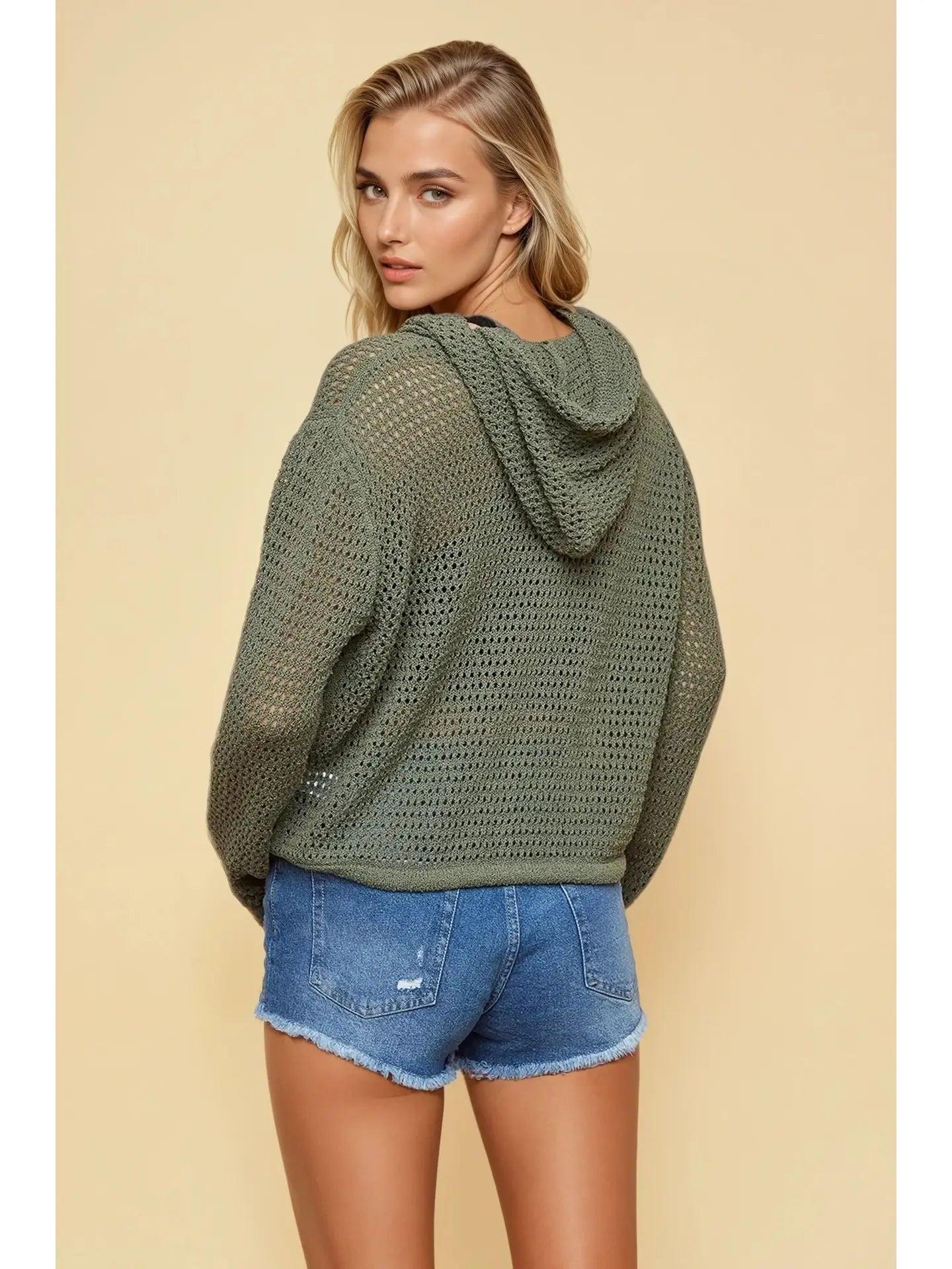 Fisher Net Hoodie Cardigan with Big Wooden Button -