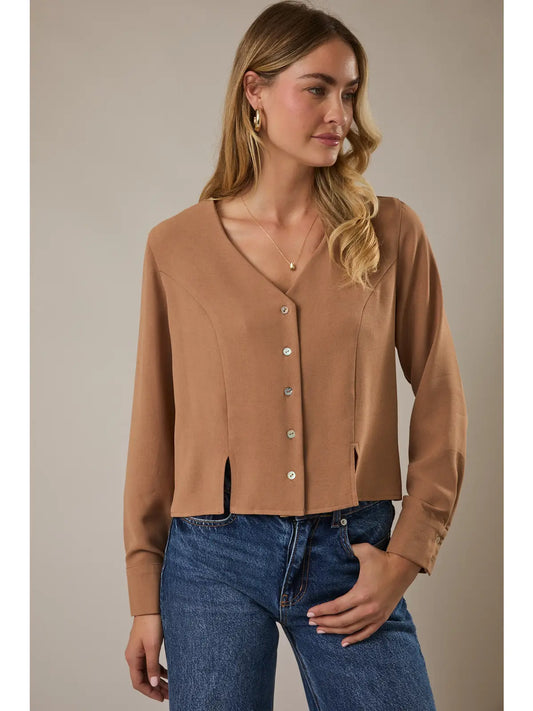 V Neck Long Sleeve Button Down Top