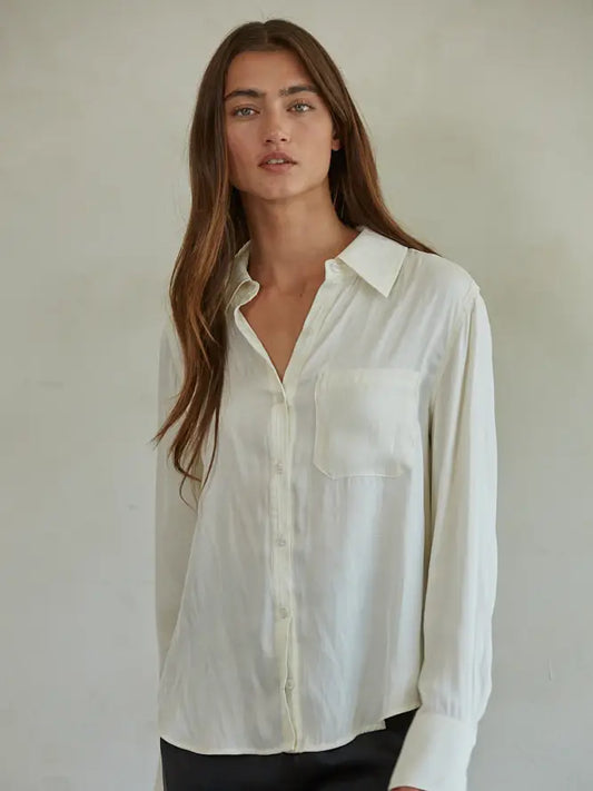 Woven Polyester Satin Button Down Long Sleeve Top