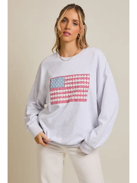 USA Flag Art Work Crew Neck Long Sleeve Sweatshirt