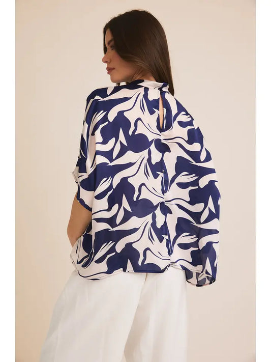 Short Sleeve Mock Neck Shirring Abstract Print Top