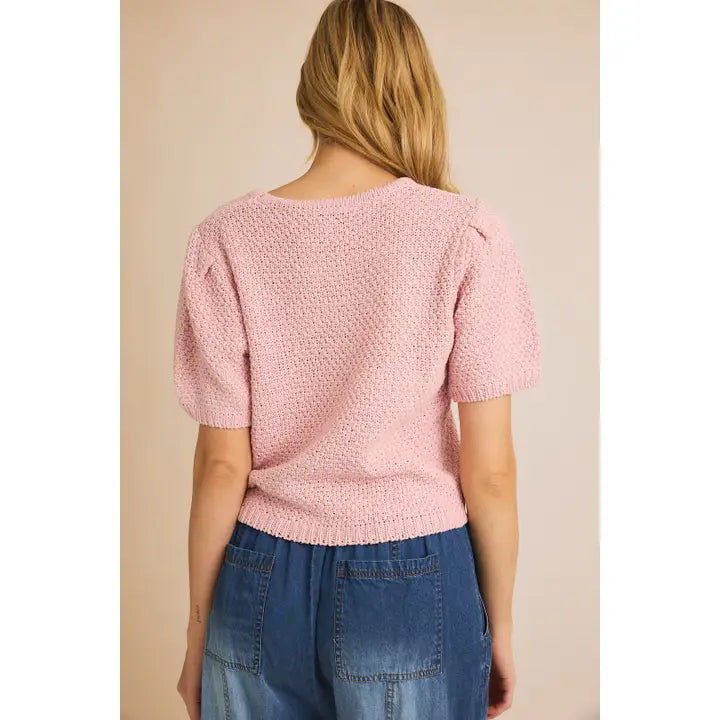 Puff Sleeve Round Neck Texture Sweater Top