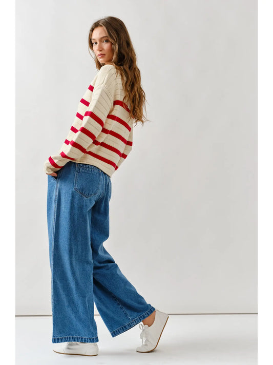 Lace Up Relexed Fit Stripe Sweater