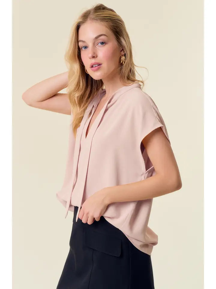 Tied V-Neck Drop Shoulder Woven Top